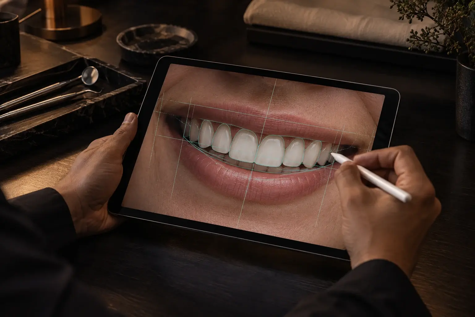Diseño digital de sonrisa en una tableta con guías de proporción