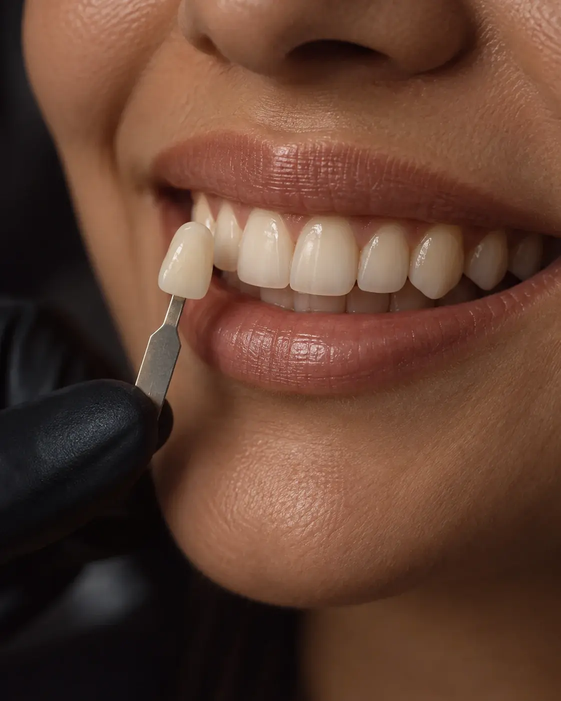 Guía de color dental junto a los dientes naturales de un paciente