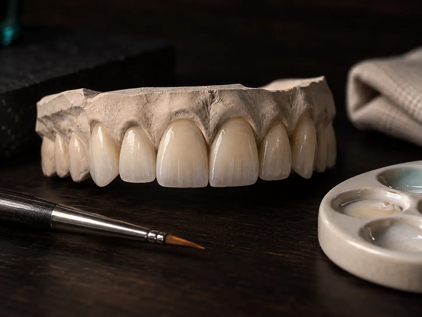 Modelo de dientes anteriores con seis carillas de porcelana terminadas