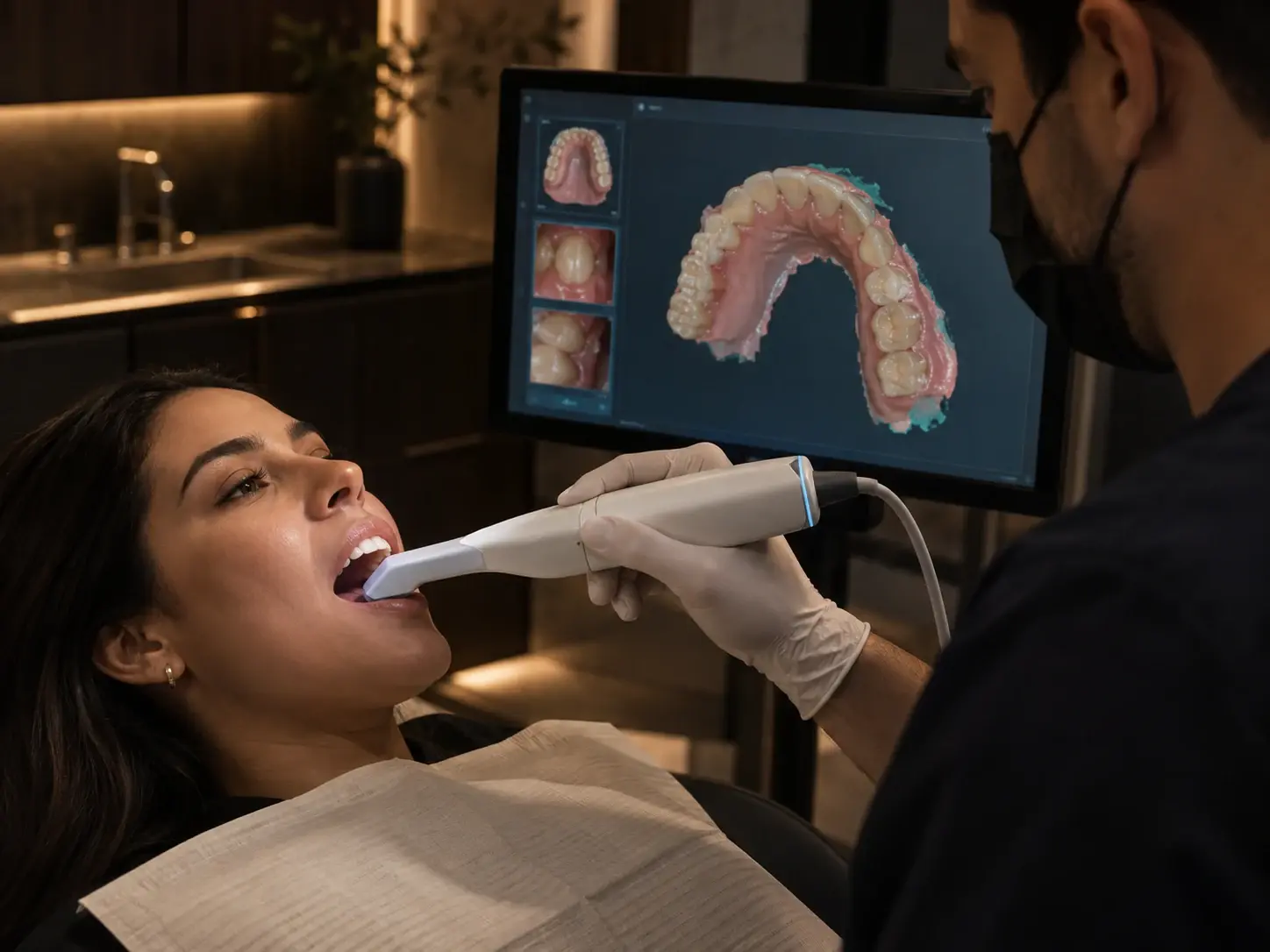 Escáner intraoral en primer plano y modelo digital 3D de la arcada en pantalla