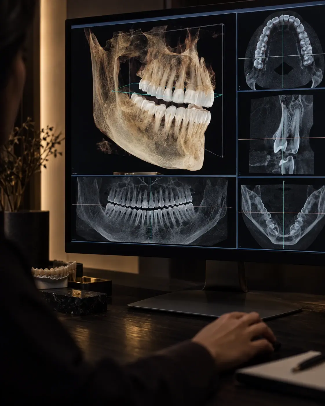 Monitor con una tomografía dental 3D en un consultorio en penumbra