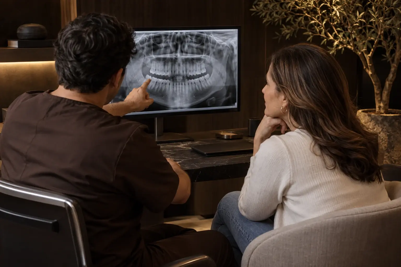 Dentista explicando a una paciente su radiografía en un monitor