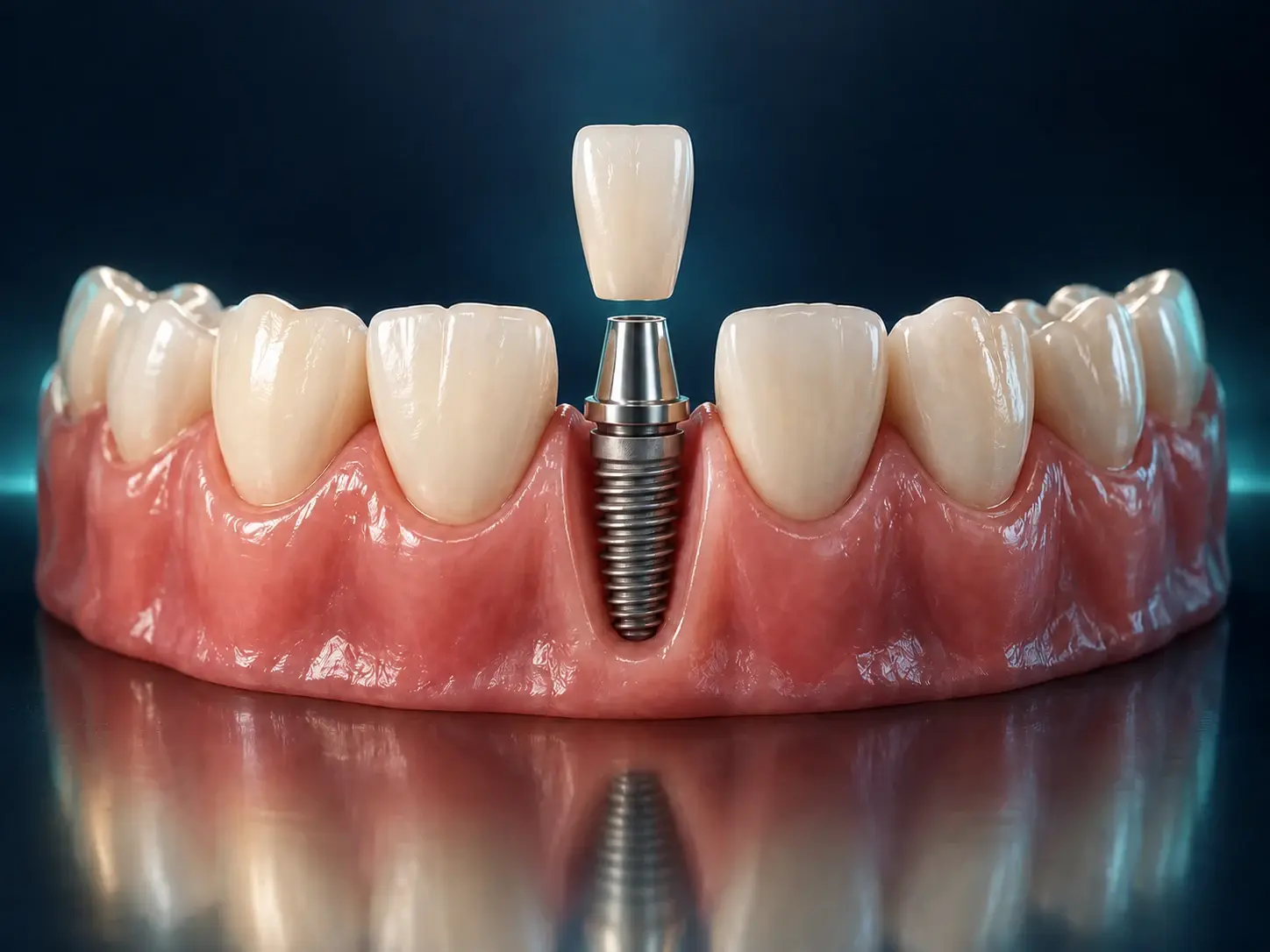 Implante dental con su corona entre dientes naturales