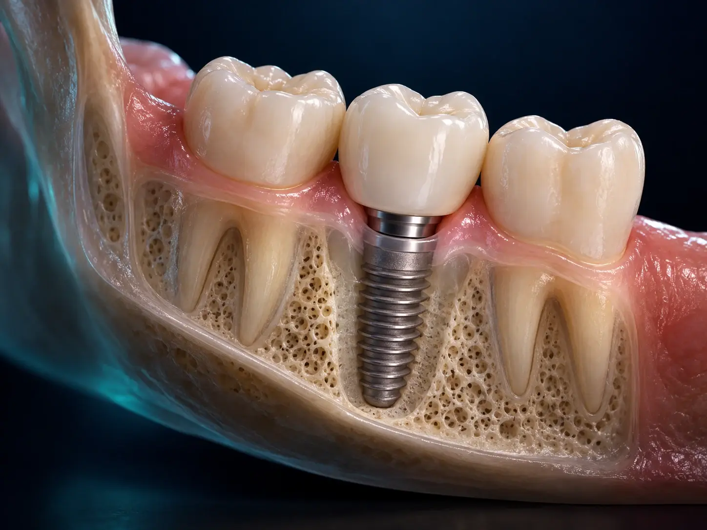 Implante que sostiene una corona individual entre dos dientes naturales