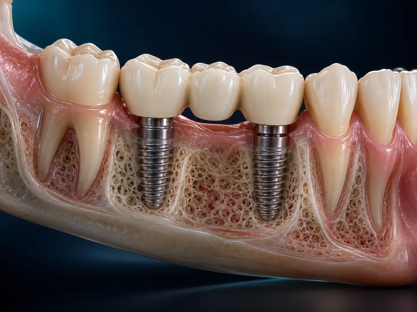 Dos implantes que sostienen un puente de tres coronas