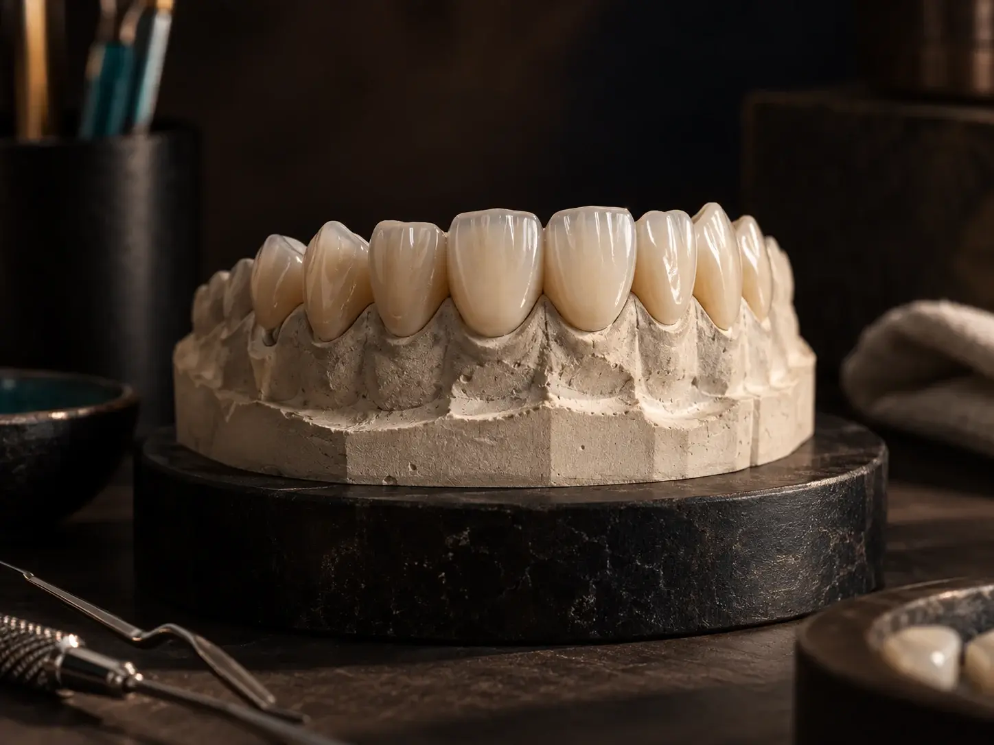 Coronas y carillas cerámicas para dientes anteriores sobre un modelo